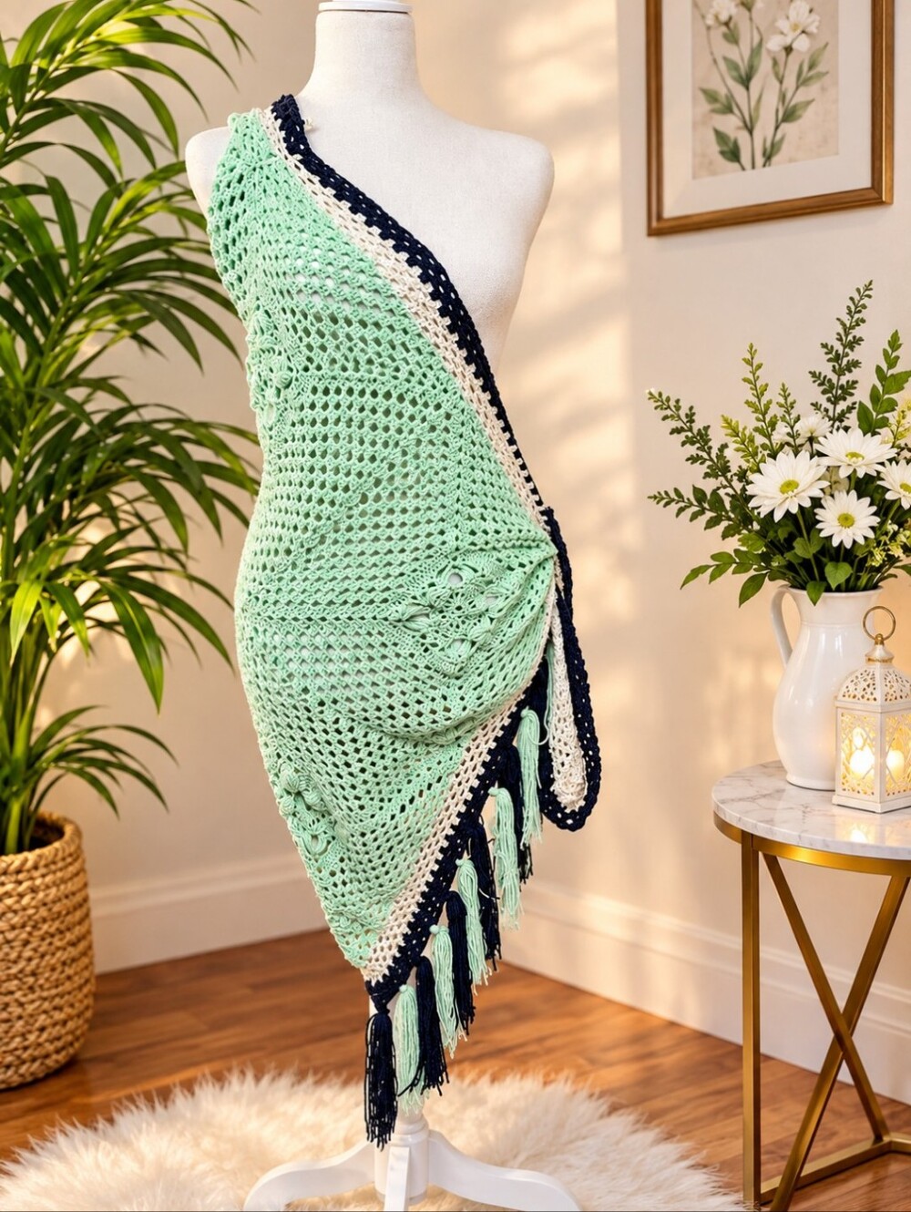 Handmade Mint Green Crochet Swimsuit Cover Up with Navy and Cream Trim